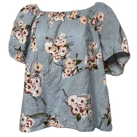 A.N.A. A New Approach Floral Pattern Short Sleeve Medium Blue Floral Print Top - Picture 1 of 16